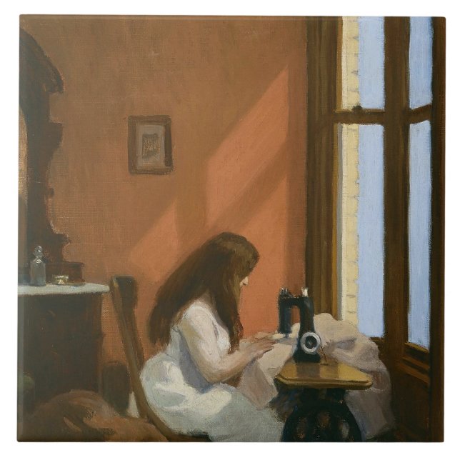 Girl at a Sewing Machine (by Edward Hopper) Tile (Front)