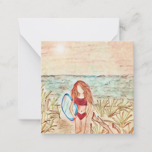 Girl at beach with boogie board mini notecard 2.5" (Front)