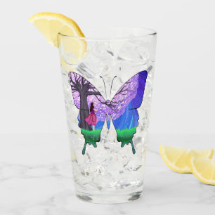 Girl at night in a butterfly shape glass