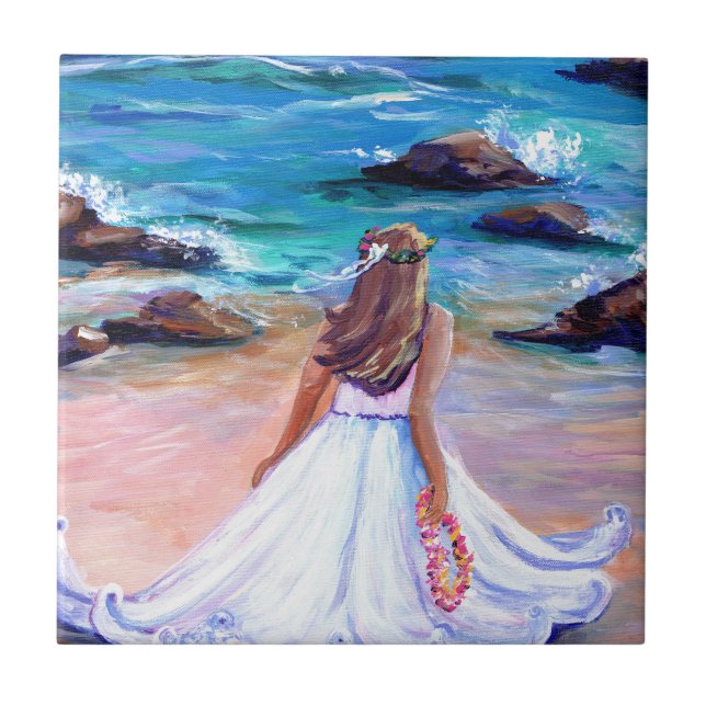 Girl at th Beach Hawaii Ceramic Tile (Front)