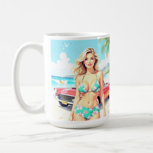 Girl at the beach with a classic car coffee mug (Left)