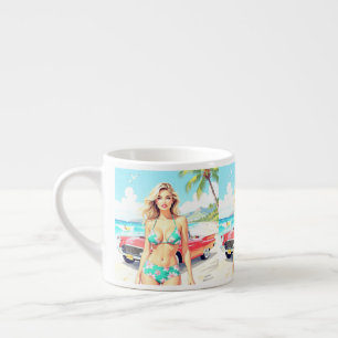 Girl at the beach with a classic car espresso cup