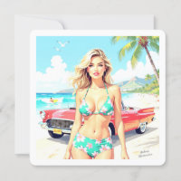 Girl at the beach with a classic car