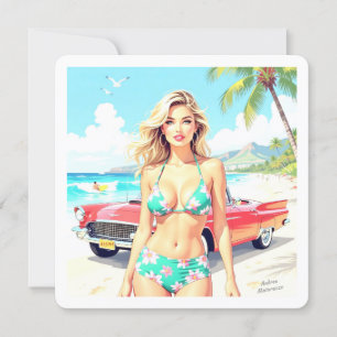 Girl at the beach with a classic car holiday card