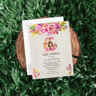 Girl Autumn Baby Shower Woodland Animal Invitation Postcard