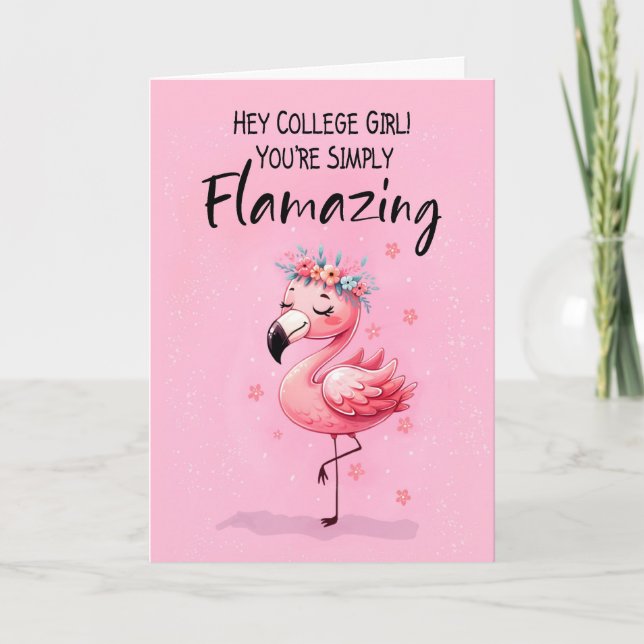 Girl Away At School Saying Hi Fabulous Flamingo Card (Front)