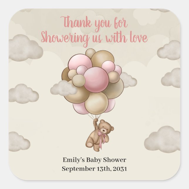 Girl baby bear pink brown balloons baby shower square sticker (Front)