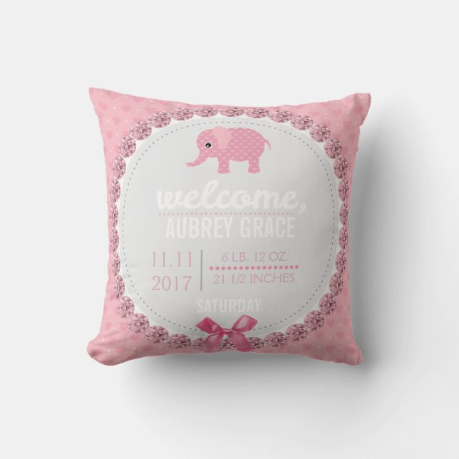 Girl Baby Birth Record | Pink Nursery Elephant Cushion (Front)