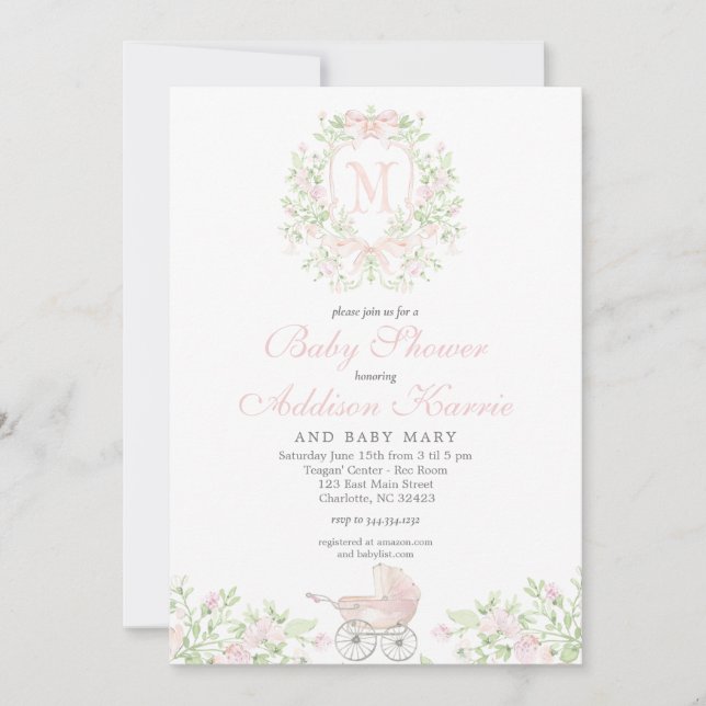 Girl baby carriage Monogram Invitation (Front)