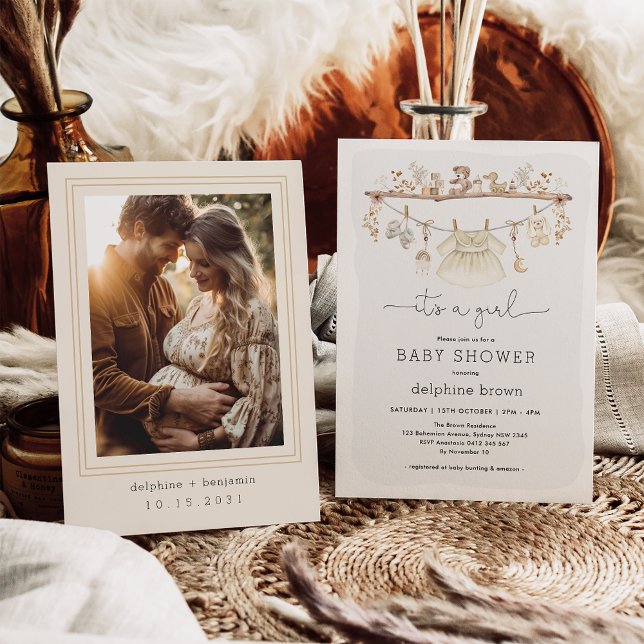 Girl Baby Clothes Boho Neutral Tone Baby Shower Invitation (Creator Uploaded)