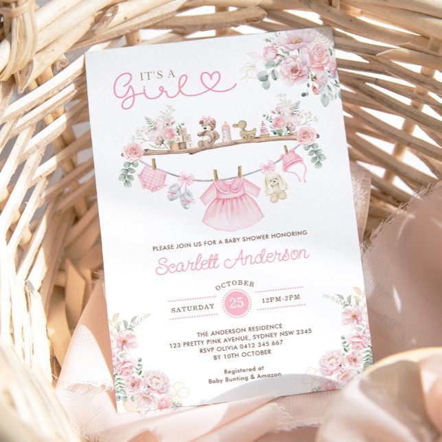 Girl Baby Clothes Pink Floral Laundry Baby Shower Invitation (Creator Uploaded)