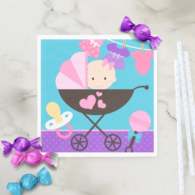 Girl Baby Doll Party Paper Napkins (Baby Doll Birthday Paper Napkins in Teal Blue, Purple and Pink. )