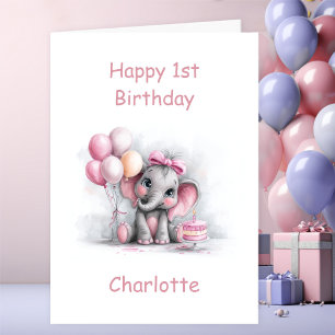 Girl Baby Elephant 1st Birthday Card
