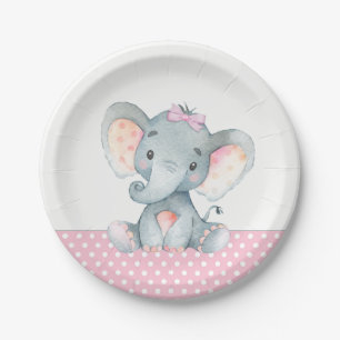 Girl Baby Elephant Baby Shower Paper Plates