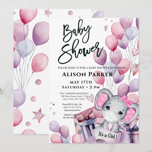 Girl Baby Elephant Pink Balloons Cute Baby Shower Invitation (Front/Back)
