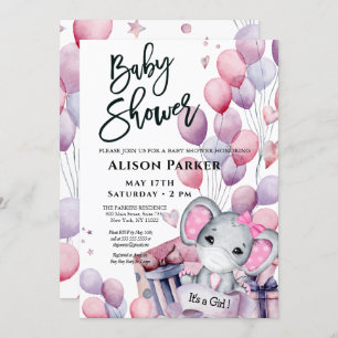 Girl Baby Elephant Pink Balloons Cute Baby Shower Invitation