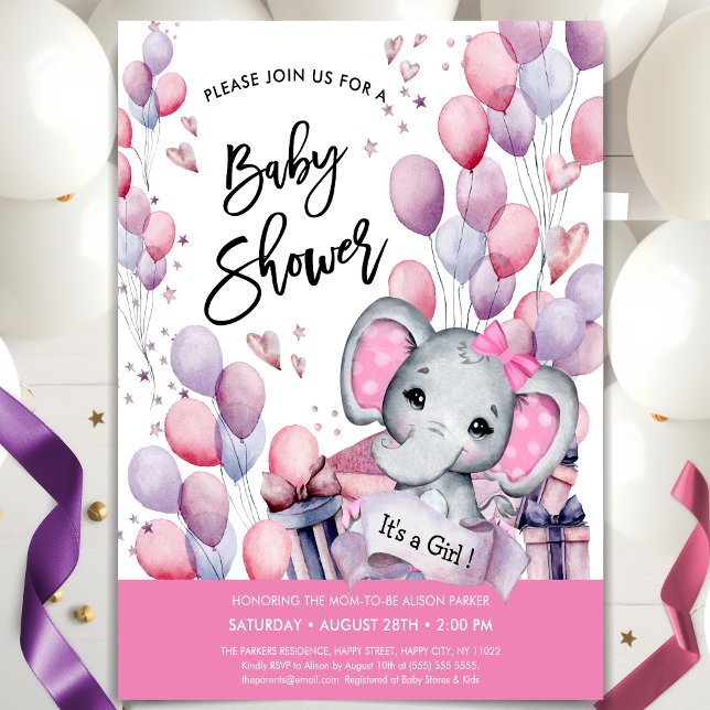 Girl Baby Elephant Pink Balloons Sweet Baby Shower Invitation (Creator Uploaded)