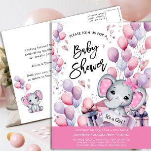 Girl Baby Elephant Pink Balloons Sweet Baby Shower Invitation Postcard