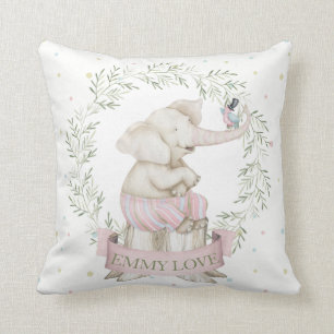 Girl Baby Elephant Pink Green Beige Cushion
