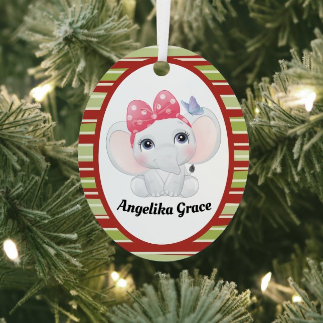 Girl Baby Elephant with Bow Custom Name Metal Tree Decoration (Insitu)