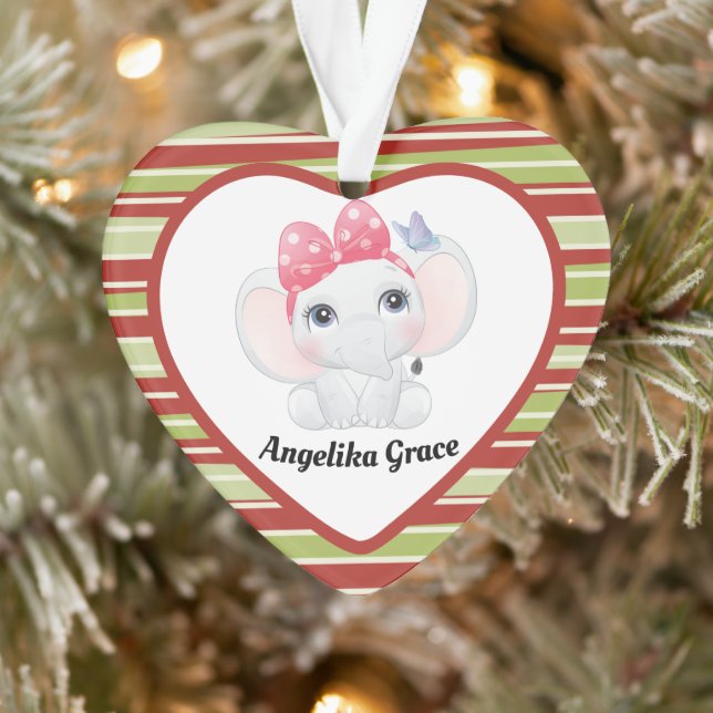 Girl Baby Elephant with Bow Custom Name Ornament (Tree)