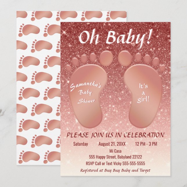 Girl Baby Feet Rose Gold Glitter Ombre Baby Shower Invitation (Front/Back)