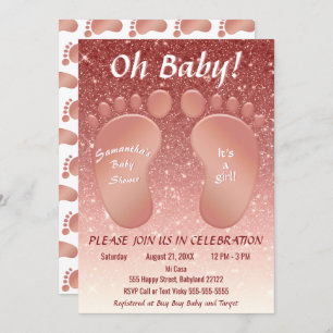 Girl Baby Feet Rose Gold Glitter Ombre Baby Shower Invitation