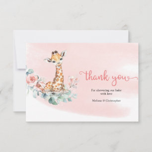 Girl baby giraffe dusty pink flowers eucalyptus Thank You Card