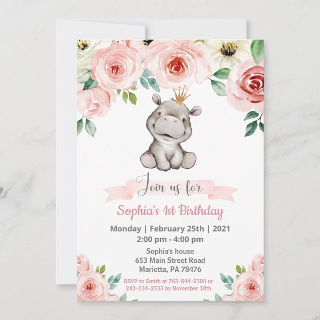 Girl Baby Hippo Birthday Party Invitation (Front)