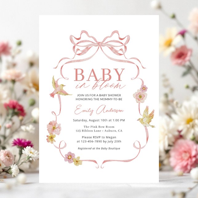 Girl Baby in Bloom Pink Bow Wildflower Shower Invitation (Creator Uploaded)