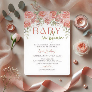 Girl Baby in Bloom Shower Rose Pink Gold Flower Invitation