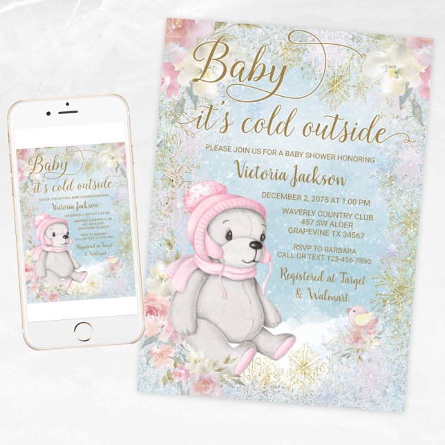 Girl Baby Its Cold Outside Baby Shower Invitation (Girl winter bear baby shower invitation. Girl winter wonderland baby shower invitation. )