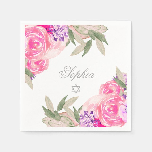 Girl Baby Naming Ceremony Hebrew Floral Silver Napkin (Front)