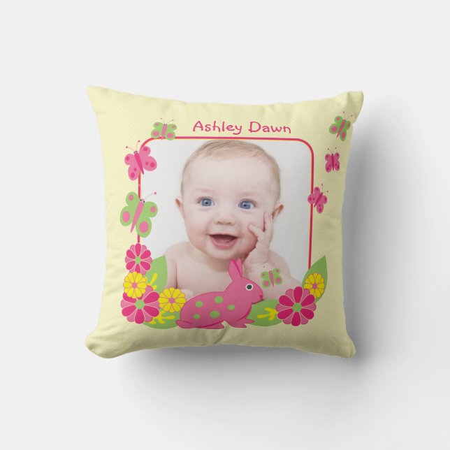 Girl Baby Photo Template Bunny Butterflies Flowers Cushion (Front)