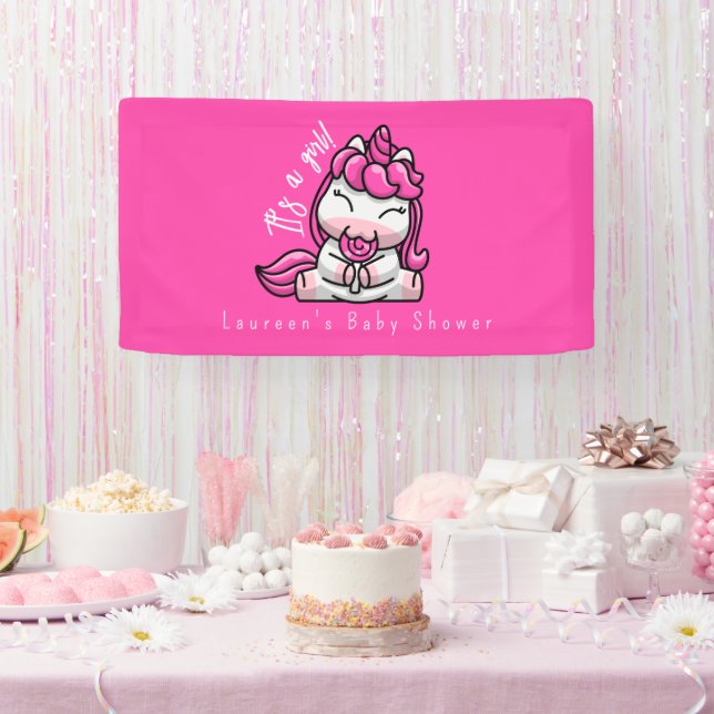 Girl Baby Pink Unicorn Gender Reveal Party Banner (Party)