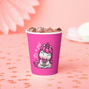Girl Baby Pink Unicorn Gender Reveal Party Paper Cups