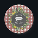 Girl Baby Q Wildflower Gingham Baby Shower Paper Plate<br><div class="desc">A baby q baby shower invitation featuring an illustration of a pig at centre over a chalkboard inspired geometric design surrounded by greenery and black eyed susan wildflowers over a red gingham background.  Personalise the text.</div>