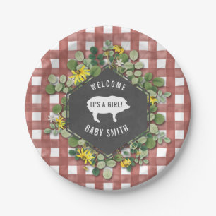 Girl Baby Q Wildflower Gingham Baby Shower Paper Plate