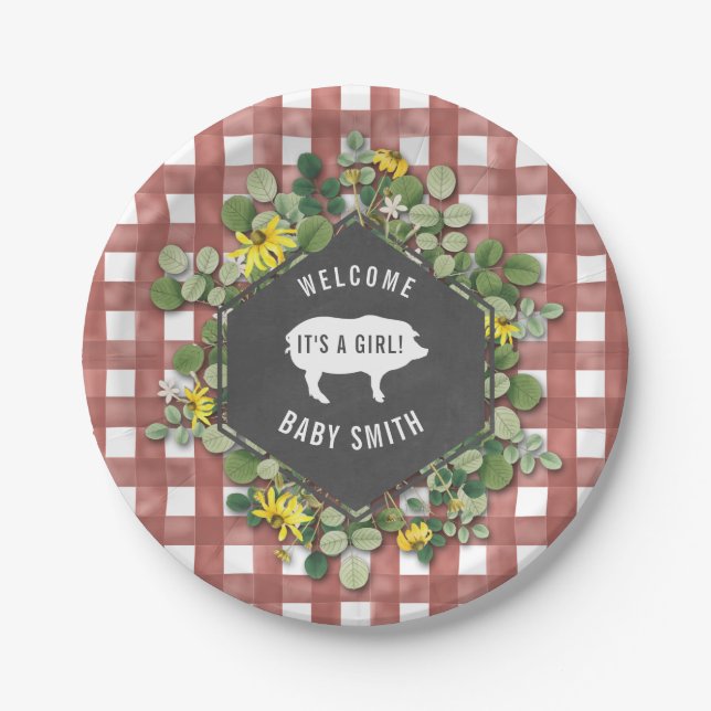 Girl Baby Q Wildflower Gingham Baby Shower Paper Plate (Front)