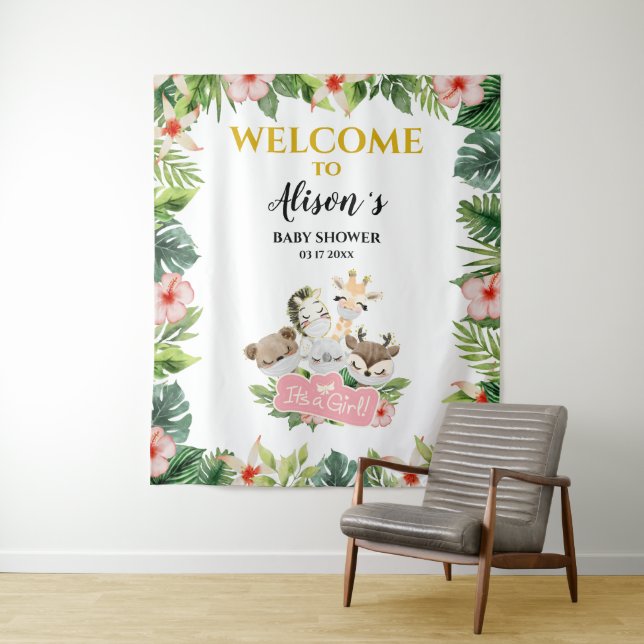 Girl Baby Shower BACKDROP | Gold Safari Friends Tapestry (In Situ)