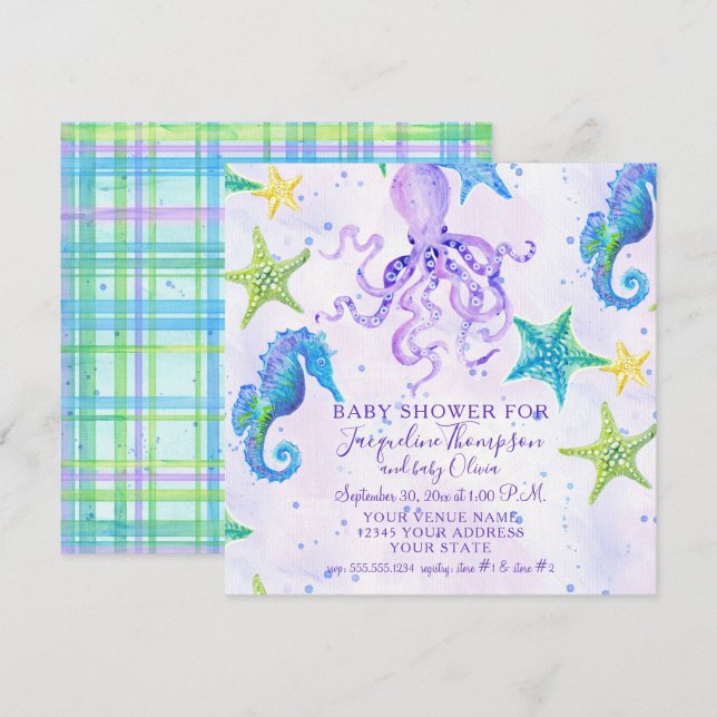 Girl Baby Shower Beach Starfish Octopus Seahorse Invitation (Front/Back)
