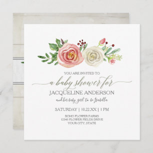 Girl Baby Shower Blush n White Roses Rustic Wood Invitation