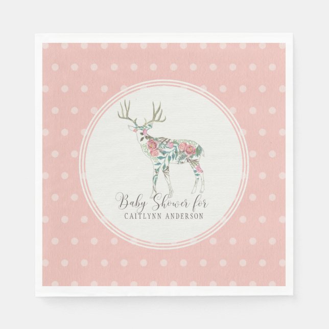 Girl Baby Shower Boho Floral Deer w Antlers Roses Napkin (Front)