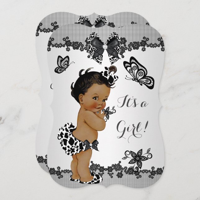 Girl Baby Shower Butterfly Black White Ethnic Invitation (Front/Back)