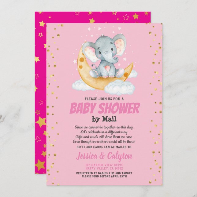 Girl baby shower by mail elephant moon and star invitation (Front/Back)