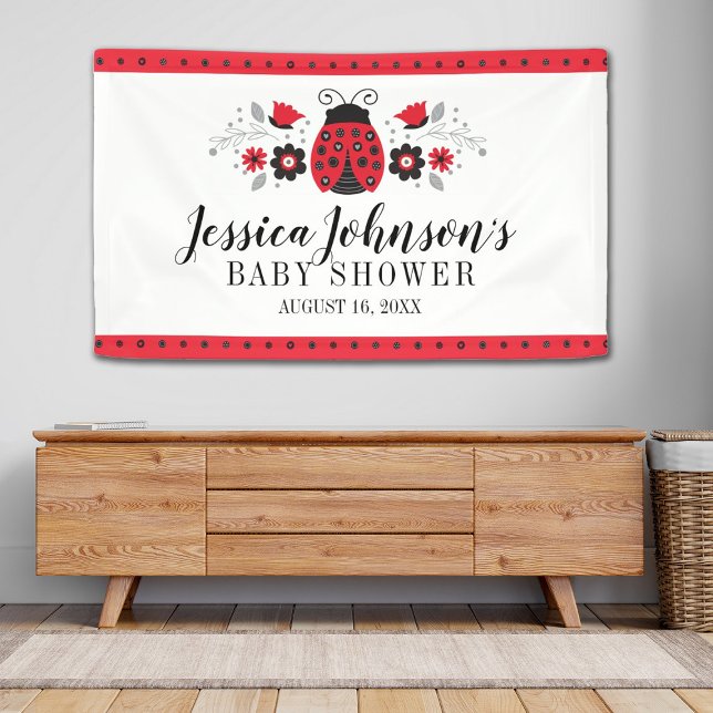 Girl Baby Shower Cute Red Ladybug Banner (Celebrate the mother to be with this cute ladybug baby shower banner. Personalize it with her info.)