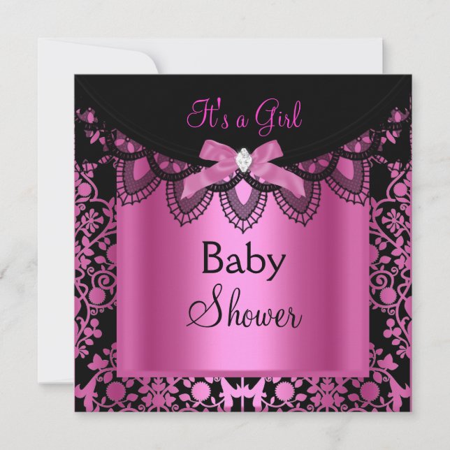 Girl Baby Shower Damask Hot Pink Black Invitation (Front)