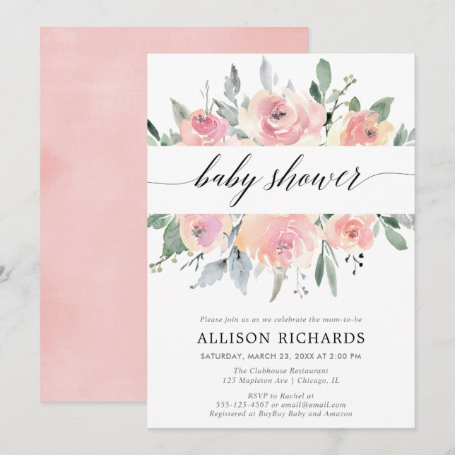 Girl baby shower, elegant blush pink floral invitation (Front/Back)