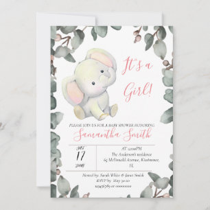 Girl Baby shower Elephant Eucalyptus Leaves  Invitation