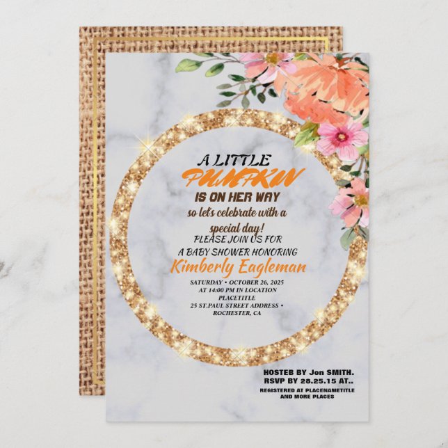 Girl Baby Shower Fall Pumpkin Rustic Burlap Wood   Invitation (Front/Back)